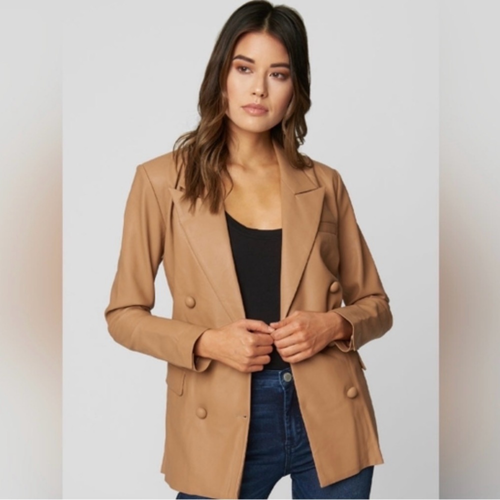 Blank NYC Camel Double-Breasted Blazer Faux Leather Perfect For Fall Feminine